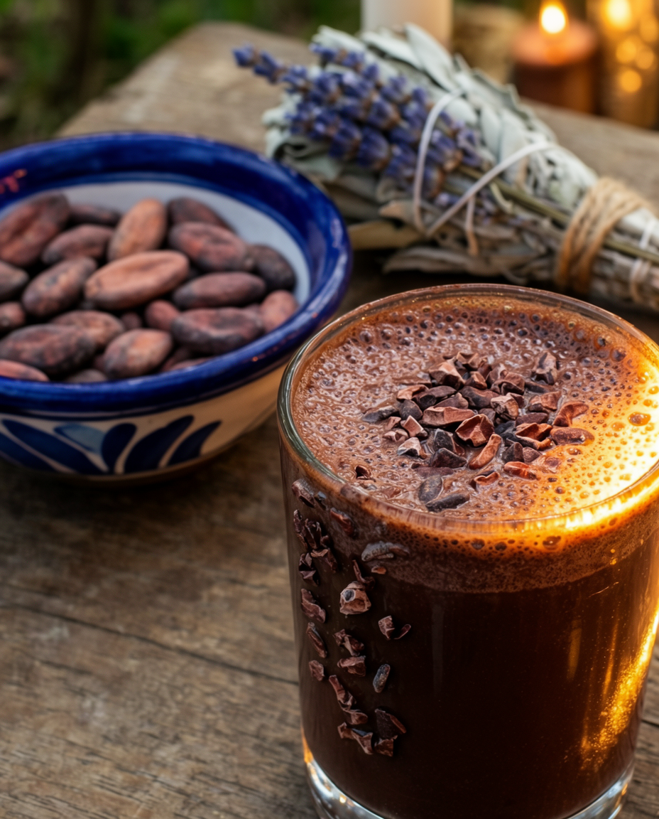 Ceremonial cacao drink with cacao beans and sage bundle